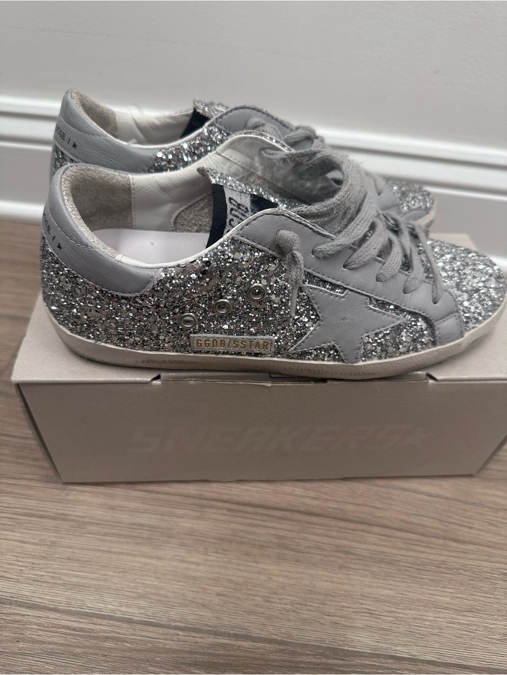 Golden Goose Silver Glitter Superstar Sneakers with Gray Suede Star